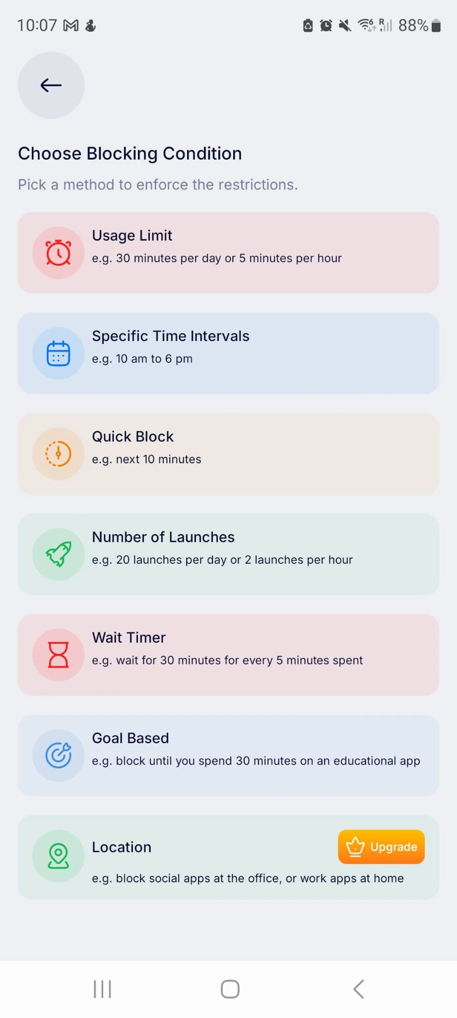 Stay Focused app on Android showing blocking options: usage limit, time intervals, quick block, number of launches, wait timer and goal based