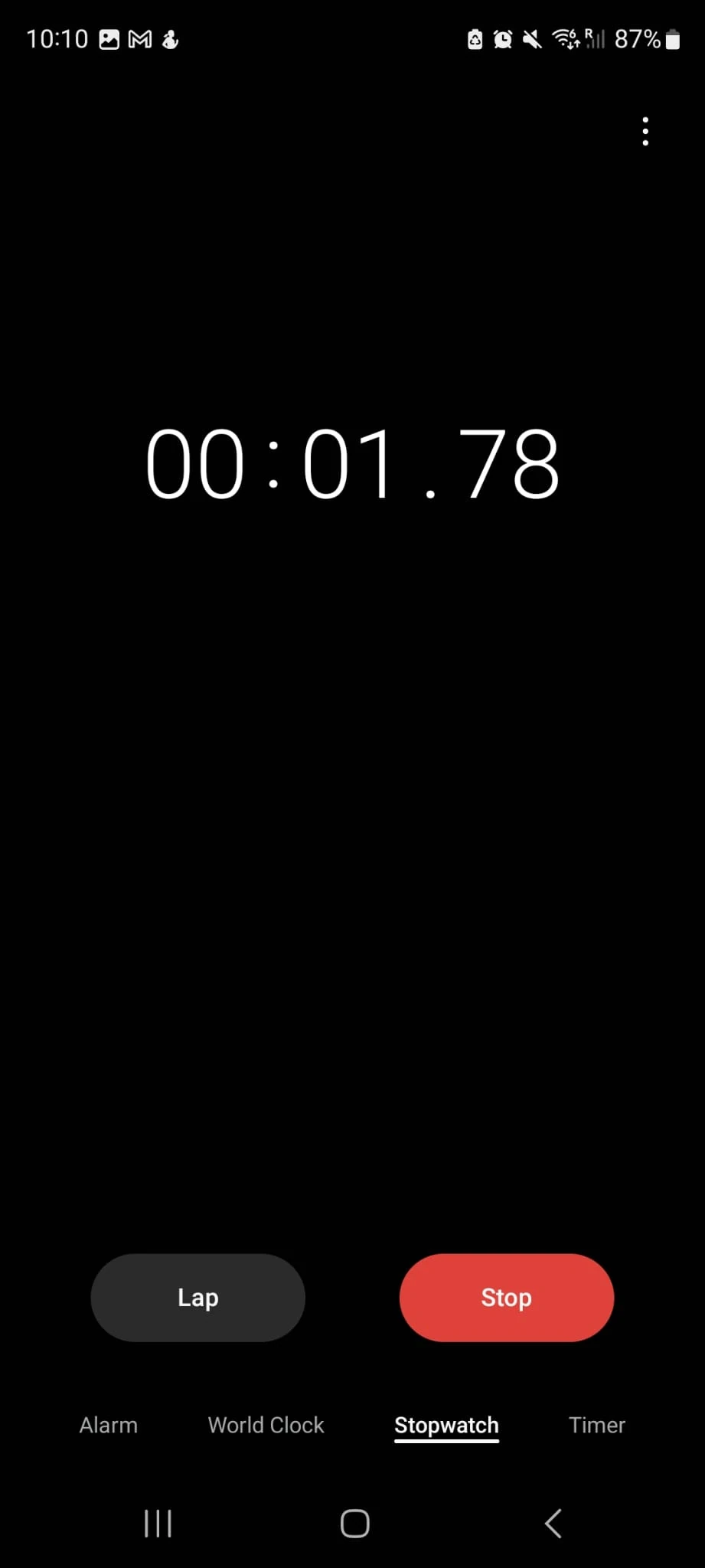 Phone stopwatch counting up from zero