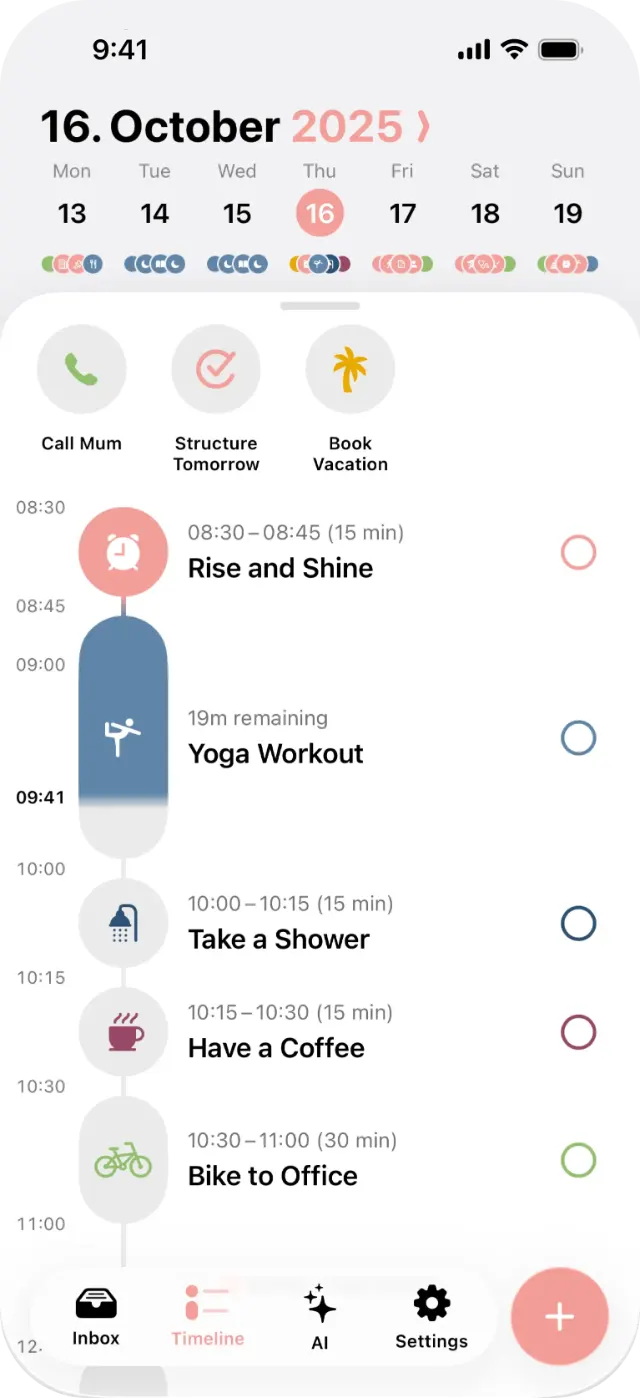 Structured app showing a daily timeline with time-blocked tasks from 08:30 to 11:00