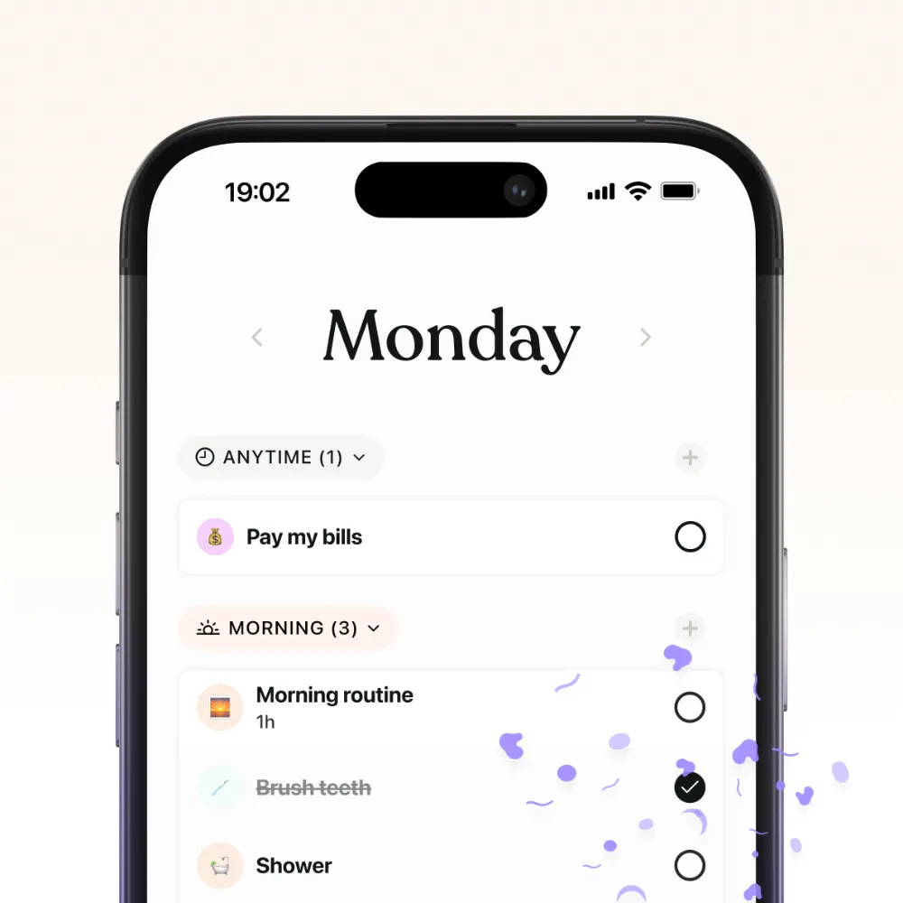 Tiimo app showing a Monday plan with anytime and morning routine tasks