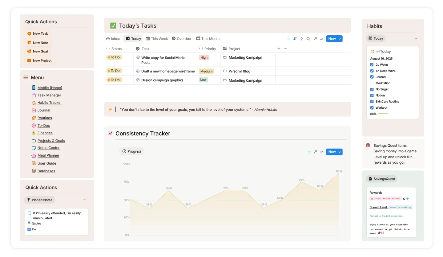 ADHD Bright planner dashboard with today's tasks, habits, consistency tracker and Savings Quest