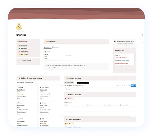 ADHD Bright Notion planner Finance Manager overview with category budgets, expense ledger and savings goals