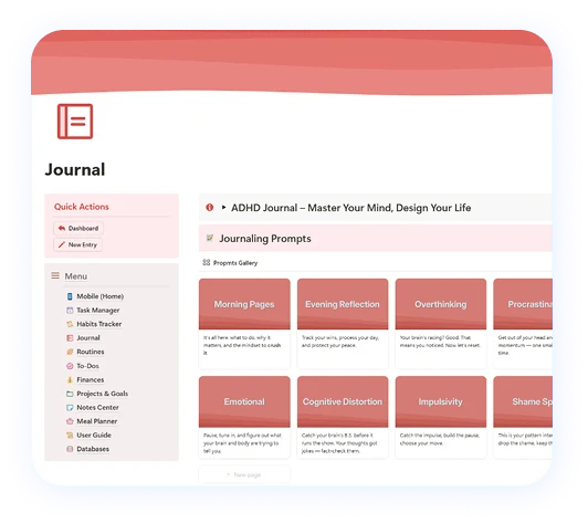 Journal with a gallery of guided ADHD journaling prompts