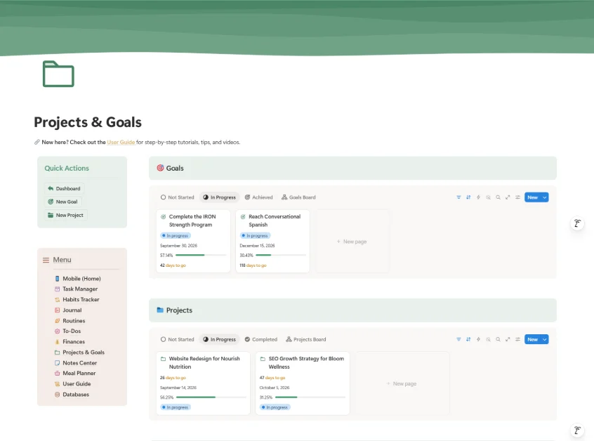 Projects and Goals page with goal boards and calendar