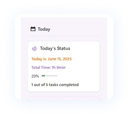 Today's Status card showing time spent and tasks completed