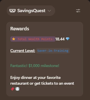 Savings Quest in the ADHD Bright Notion planner showing Total Wealth Points, the Saver-in-Training level and a $1,000 milestone reward
