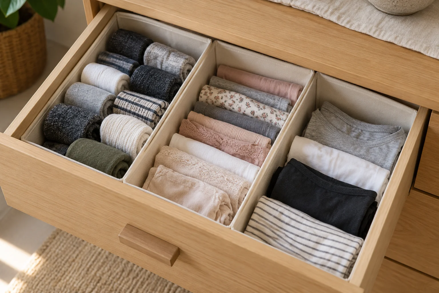 An open drawer with fabric organizers holding rolled socks, folded underwear and t-shirts