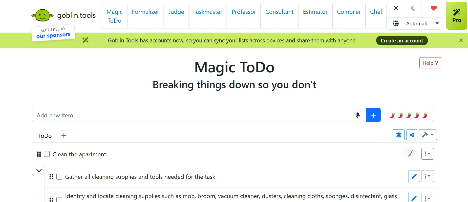 Goblin Tools Magic ToDo breaking ‘Clean the apartment’ into smaller steps