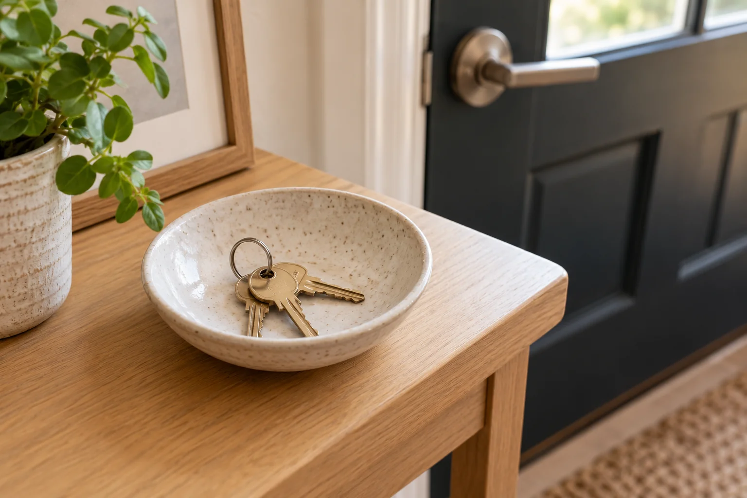 A ceramic bowl holding a set of keys on a wooden table beside the front door