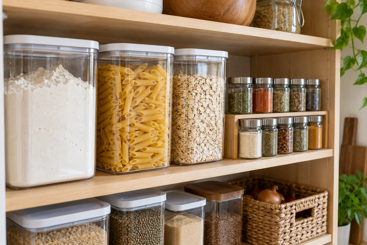 Pantry shelves with clear containers of flour, pasta and oats beside a rack of labelled spice jars