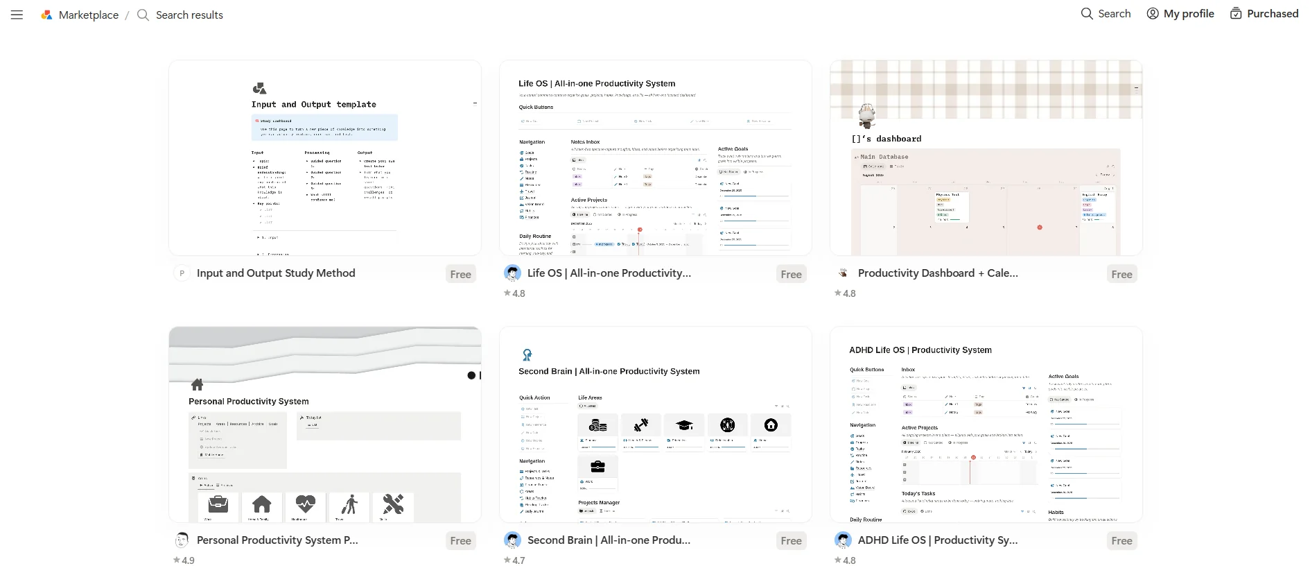 Notion template marketplace showing free productivity templates, including an ADHD Life OS template