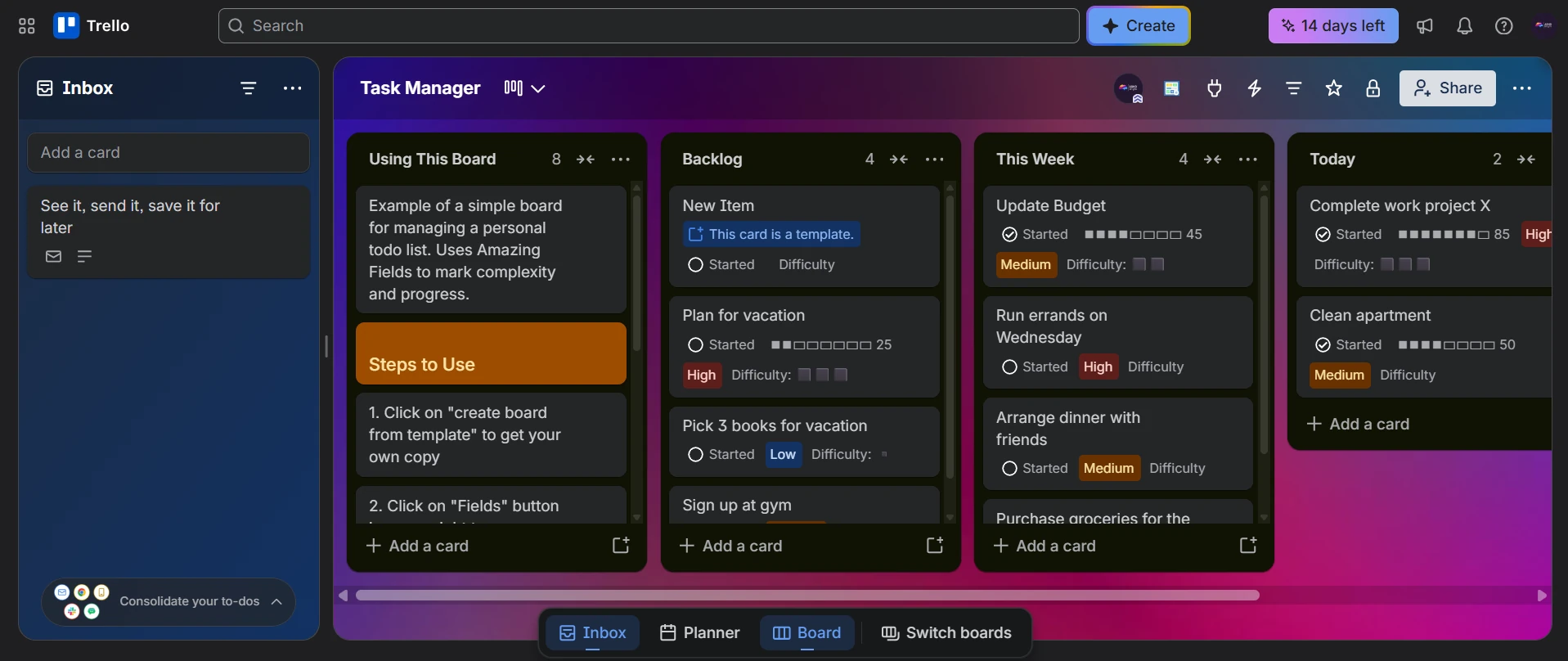Trello board with Backlog, This Week and Today lists, cards tagged by priority and difficulty